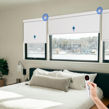 Motorized Blinds for Windows - Hapadif Roller Window Shades with Remote, No-Drill Installation, Cordless Automatic Blackout Electric Blinds, Adjustable Height, Easy to Use (White, 46.5 x 72)