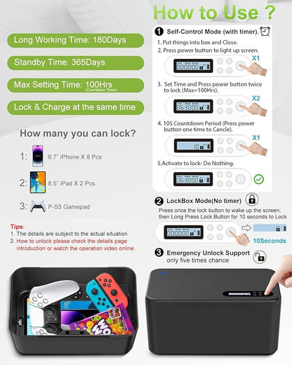 Safe Timed Lock Box, Phone Lock Box with Timer Unplug from Phones,Video Games,Social Media,Snacks&Cravings,Self-Control Lockable Storage Box, Phone Locker Time Locking Container for Better Habits