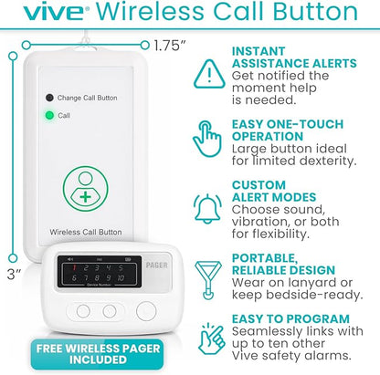 Vive Wireless Call Button - Emergency Alert System for Patients - Smart Portable Medical Panic Button - Notifies Nurse or Caretaker When Elderly Senior Needs Help - Perfect for Home Wander Prevention