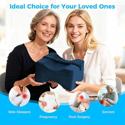 Knee Pillow for Side Sleepers, Memory Foam Leg Pillow with Strap for Side Sleeping, Supportive Elevation Pillow Between Legs for Knee, Ankle Sciatica, Pregnancy, Joint Pain (Blue/Plus)