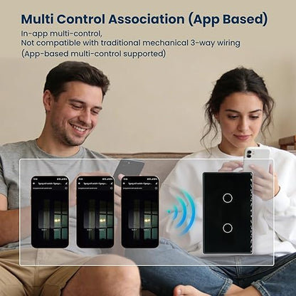 Smart Light Switch,2-Button,Aluminum Frame, Neutral Required,2.4GHz, Tuya Smart Life App,Voice Control,2.5D Curved-Edge Tempered Glass Panel,Black