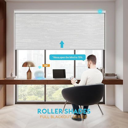 Motorized Blinds with Remote, Smart Blind Roller Shades Compatible with Alexa, Durable Rechargeable Battery Solar Power Electric Window Blinds Customized Size (Jacquard Silver White)
