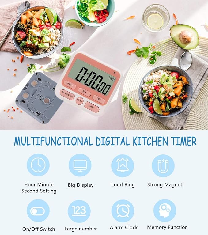 Digital Kitchen Timer with Mute/Loud Alarm, ON/Off Switch, 12 Hour Clock, Strong Magnet, Memory Function Count Up & Count Down for Kids Teachers Cooking, Large LCD Display, Easy Operation Timers(Pink)