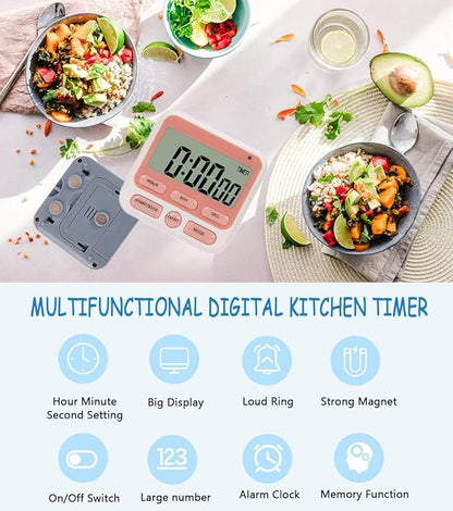 Digital Kitchen Timer with Mute/Loud Alarm, ON/Off Switch, 12 Hour Clock, Strong Magnet, Memory Function Count Up & Count Down for Kids Teachers Cooking, Large LCD Display, Easy Operation Timers(Pink)