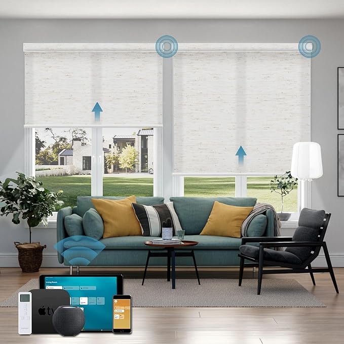 Motorized Light Filtering Roll Shades Work with HomeKit, 70% Blackout Automatic Blinds for Windows, Smart Shades with Remote, APP/Voice Control, Smart Home Motorized Blinds,Linen White