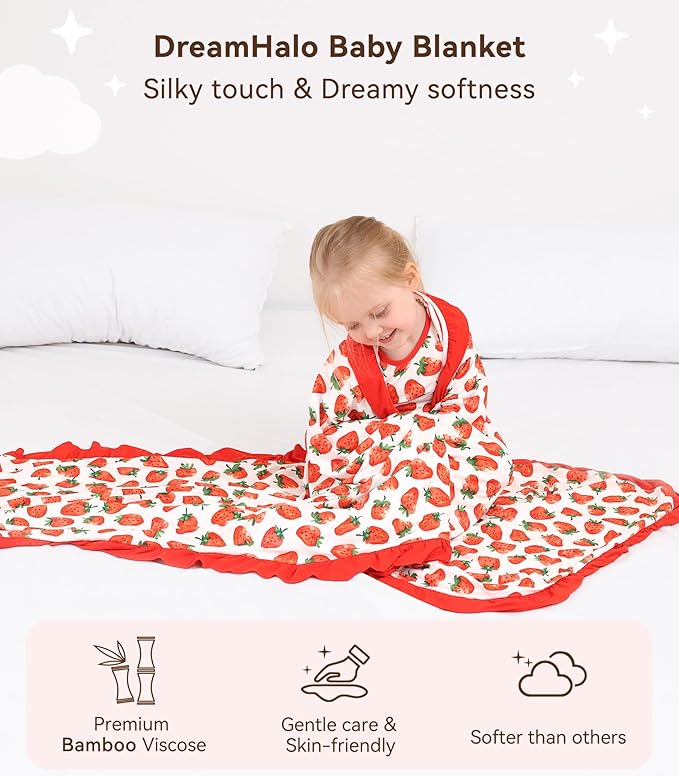 Premium Baby Blankets, Soft Viscose from Bamboo Blanket for Girls, Nursery Crib Bedding Quilt for Newborn and Toddler, Ruffle Blanket Cooling for Hot Sleepers, 50''x50'' Strawberry
