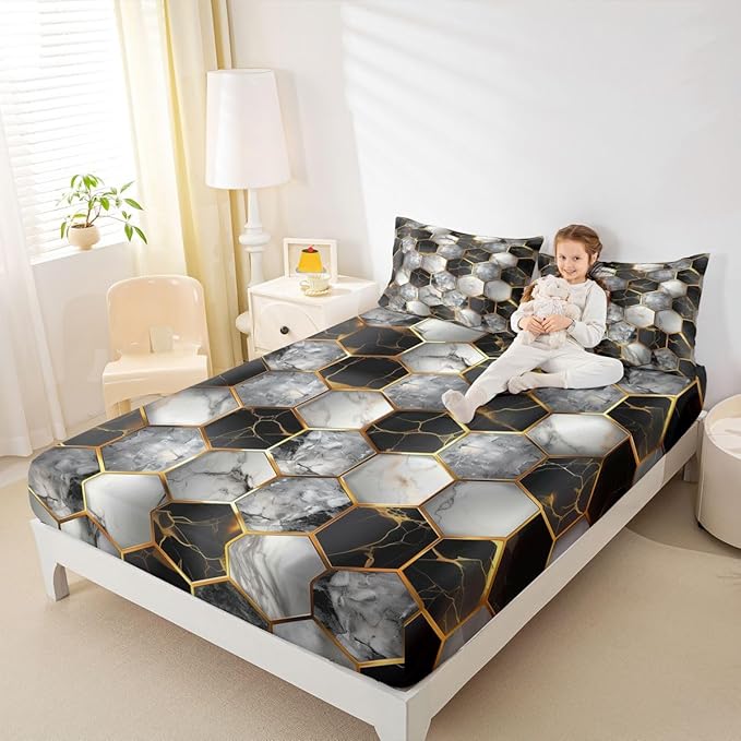 Marble Kids Twin Size Fitted Sheet,Geometric Honeycomb Modern Boys Girls Bed Sheets,Abstract Hexagon Futuristic Room Decor,Black Gray Bedding Set,1 Pillowcase(No Flat)