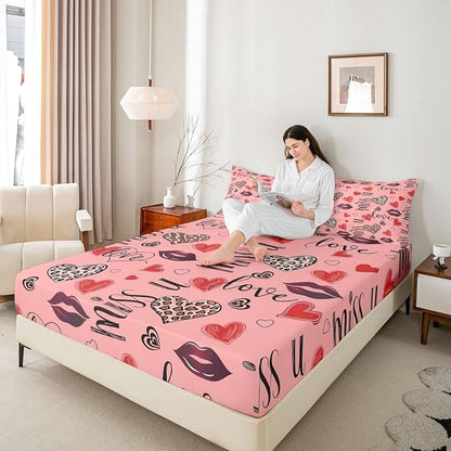 Heart Kids Full Size Fitted Sheet,Lips Leopard Love Romantic Room Decor,Valentine's Day Chic Boys Girls Bed Sheets,Red Pink Bedding Set,2 Pillowcases(No Flat)