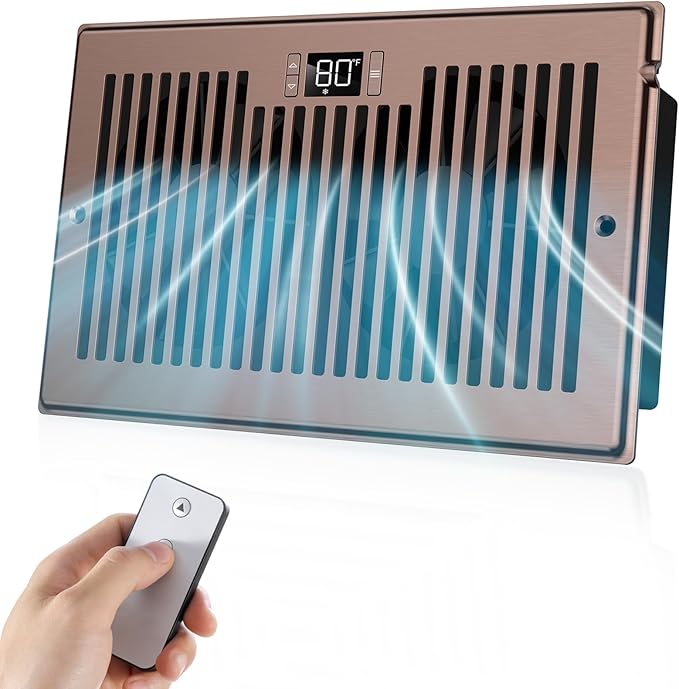 Quiet Register Booster Fan Fits 6" x 10" Register Holes, 10-Speed Smart Heating Cooling AC Vent Fan with Remote Control and Thermostat Control - Bronze