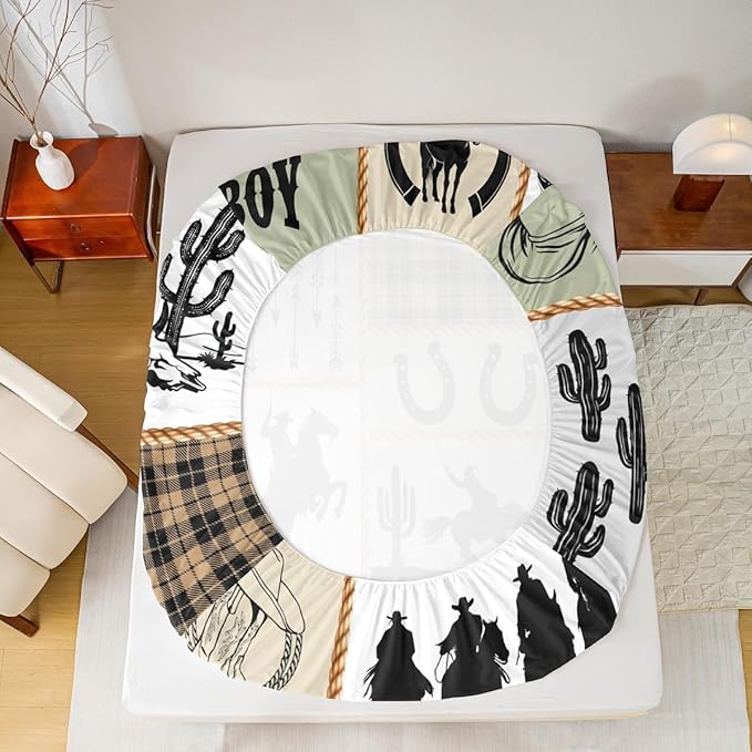 Manfei Western Cowboy Kids Sheet Twin Size,Horseshoes Cactus Arrows Plaids Patchwork Bedding Set,Boys Girls Adults Room Decor,Rustic Farmhouse Country Bed Sheet Set 3pcs(Fitted + Flat + 1 Pillowcase)