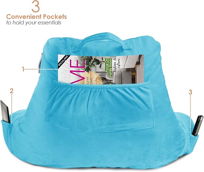 Nestl Reading Pillow with Shredded Memory Foam, Designed for Sitting Up in Bed and Couch, Back and Arms Adjustable Support for Adult & Teens Backrest Pillows for Reading, Washable Cover, Bright Blue
