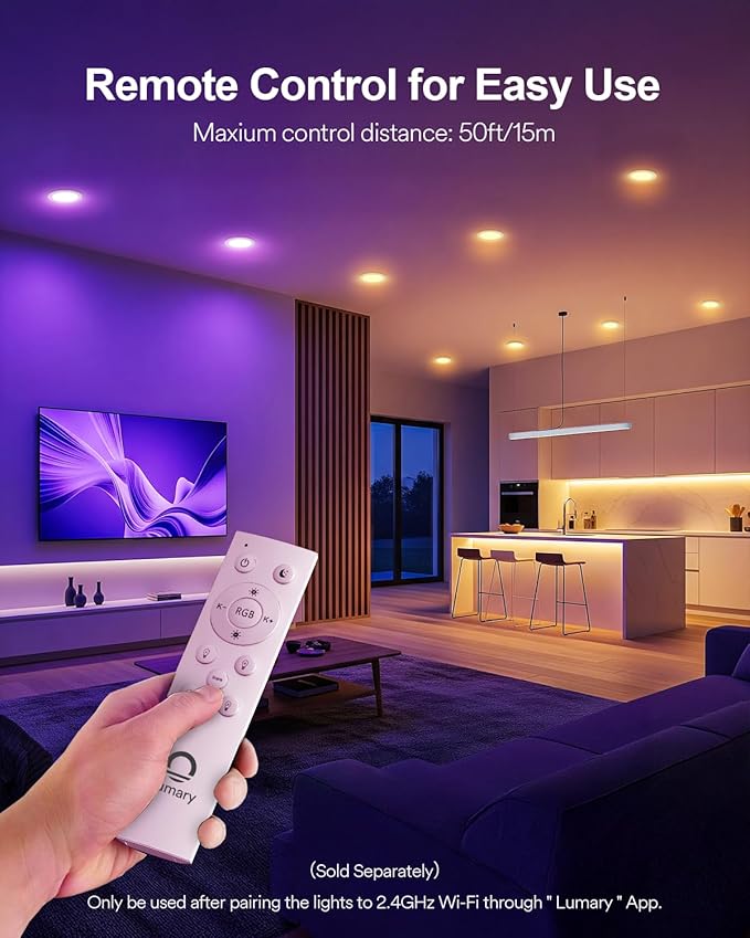 Lumary 4 Inch Smart WiFi Recessed Lights, 9W 780LM Ultra-Thin LED Recessed Lighting, Smart LED Wafer Downlights with Junction Box, Compatible with Alexa/Google Assistant/BT Remote, ETL Listed, 4 Pack