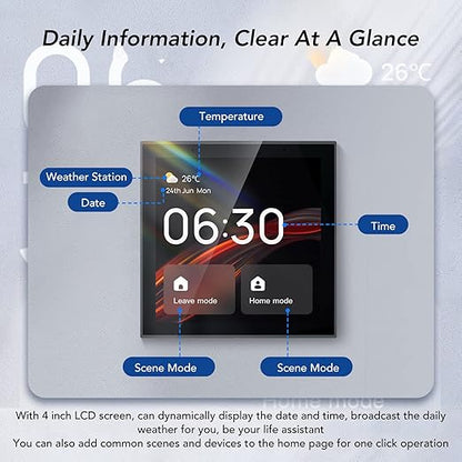 Smart Switch Smart Light Switch Scene Wall Switch Panel 100 to 240V with 4 Inch Touch Screen and Voice Control for Smart Home Control (Compatible with ZigBee and BT Devices)