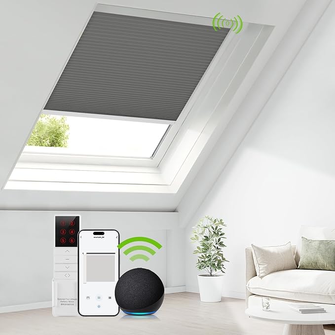 ZSTARR Motorized Skylight Shades Blackout Cellular Honeycomb Electric Blinds with Solar Panel Cordless Rechargeable with Remote for Roof and Slanted Windows Custom Size (Blackout Ebony Earth)
