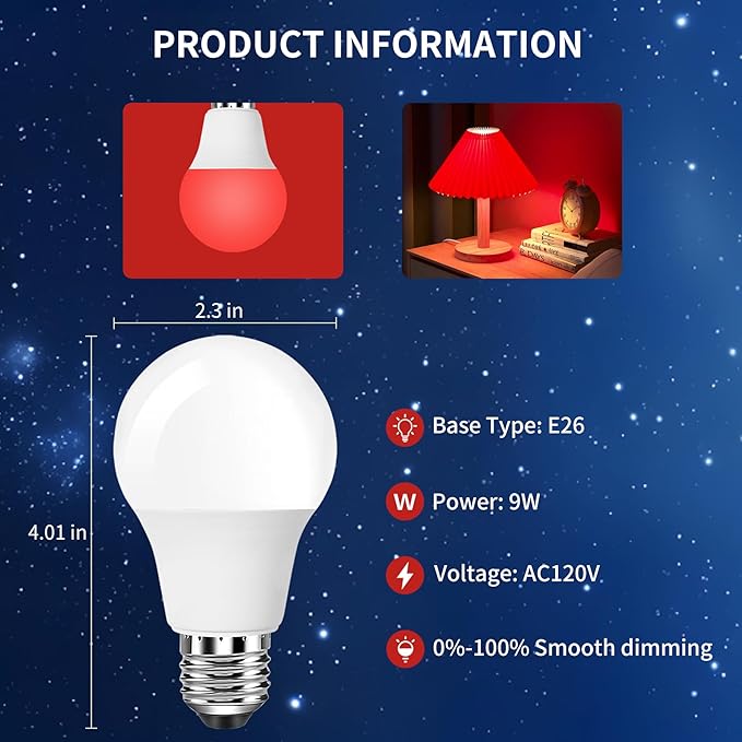 Aogled Red Light Bulbs for Sleep 9W,Red Night Light,670nm LED Light Bulb, A19 60W Equivalent Dim Light Bulbs for Bedroom,Baby Nursery,Natural Sleep
