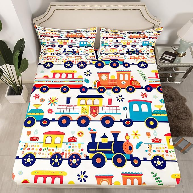 Cartoon Trains Kids Fitted Sheet Twin Size,Choochoo Retro Steam Locomotive Train Bedding Set,Boys Girls Room Decor,Daisy Flowers Leaf Dots Bed Cover,Colorful Cute Bed Sheet,1 Pillowcase