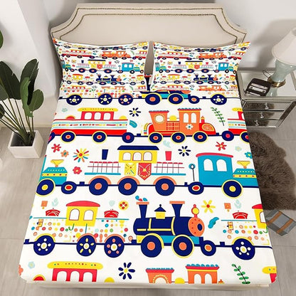 Cartoon Trains Kids Fitted Sheet Queen Size,Choochoo Retro Steam Locomotive Train Bedding Set,Boys Girls Room Decor,Daisy Flowers Leaf Dots Bed Cover,Colorful Cute Bed Sheet,2 Pillowcases
