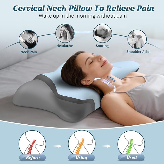 Cervical Neck Pillow for Pain Relief, Bed Pillows for Sleeping, Ergonomic Cooling Pillow, Orthopedic Contour Pillow for Side Back Stomach Sleepers,Neck Support Memory Foam Pillows (Blue&Grey)