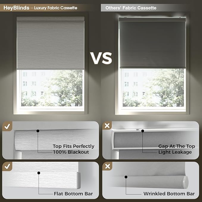HeyBlinds Motorized Blinds with Remote, 100% Blackout Smart Blinds, Automatic Shades for Windows Compatible with Alexa Google and Homekit, Custom Size(Moon River-White BO)