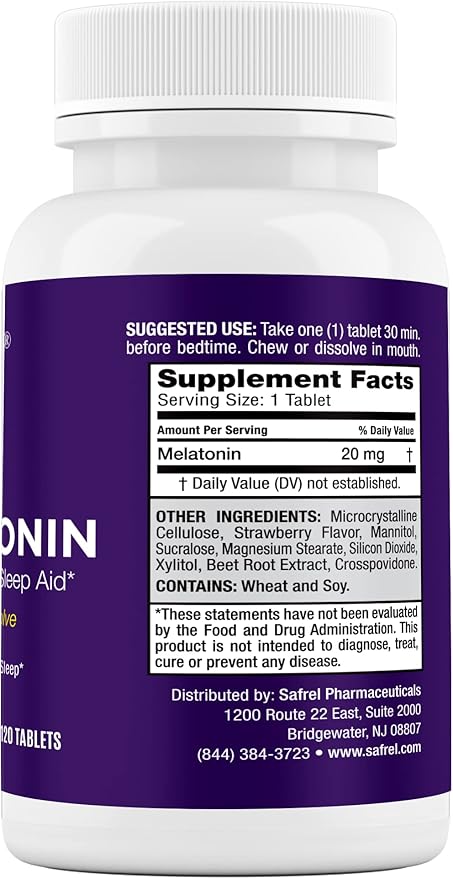 Safrel | Melatonin 20mg | Fast Dissolve Tablets | 120 Count | Strawberry Flavor | Sleep Support | High Absorption Formula | Non-Habit Forming | Vegan
