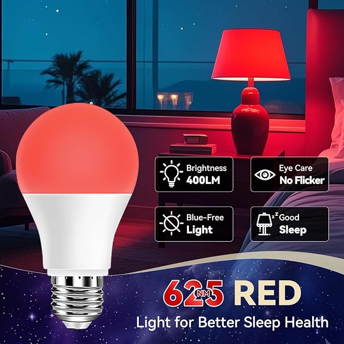 Neporal 625nm Red Light Bulbs for Sleep 3W, 100% Blue Light Blocking Light Bulbs for Melatonin Promoting, A19 LED 40W Equivalent Dim Red Night Light Bulb for Baby Nursery, Sleeping, Reading, 6-Pack