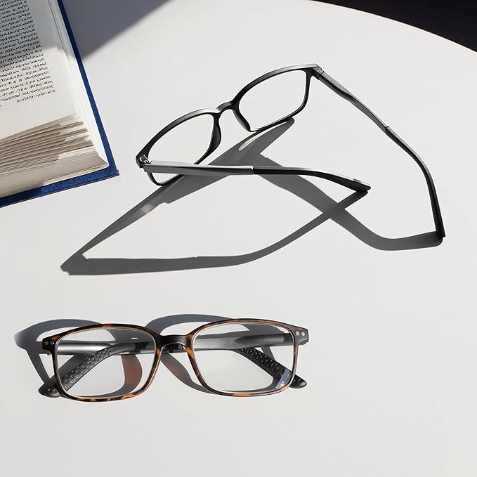 EASY READ 2 Pairs Sporty Style Reading Glasses for Men，Rectangular TR90 Blue Light Blocking Readers with Spring Hinge