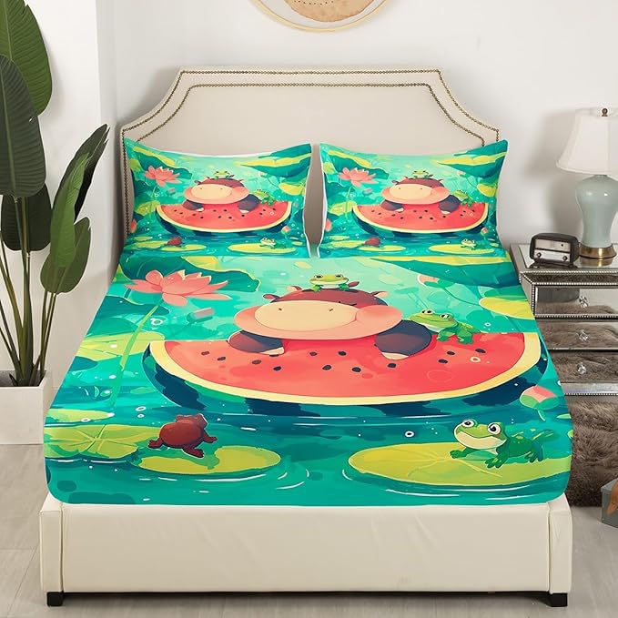 Cute Hippo Kids Fitted Sheet Queen Size,Watermelon Frog Lotus Leaves Bedding Set,Boys Girls Room Decor,Cartoon Hippopotamus Wild Animals Rustic Bed Cover,Red Green Bed Sheet,2 Pillowcases