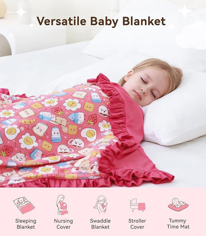 Premium Baby Blankets, Soft Viscose from Bamboo Blanket for Girls, Nursery Crib Bedding Quilt for Newborn and Toddler, Ruffle Blanket Cooling for Hot Sleepers, 50''x50'' Pink Breakfast