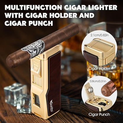 Scotte Cigar Humidor Box, Cigar Lighter Cedar Wood Lined Leather Cigar Case Built in Hygrometer & Humidifier, Torch Lighter with Cigar Holder Cigar Punch Portable Travel Cigar Humidor Kit (Black)