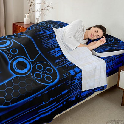 Videogaming Gamepad Kids Sheet Full Size,3D Gamer Controller Fashion Bedding Set,Boys Girls Room Decor,Neon Geometric Honeycomb Hexagon Navy Blue Bed Sheet Set 4pcs(Fitted + Flat + 2 Pillowcases)