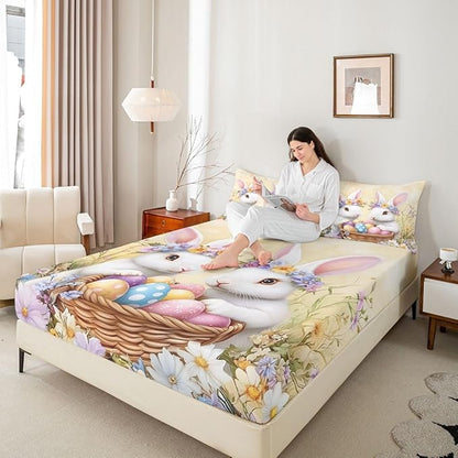 Happy Easter Fitted Sheet Twin Size Cute Rabbits Eggs Floral Bedding Set for Kids Bedroom Flower Rustic Animal Bed Sheet Set 2pcs Yellow Colorful Deep Pocket Mattress Cover,No Top Flat