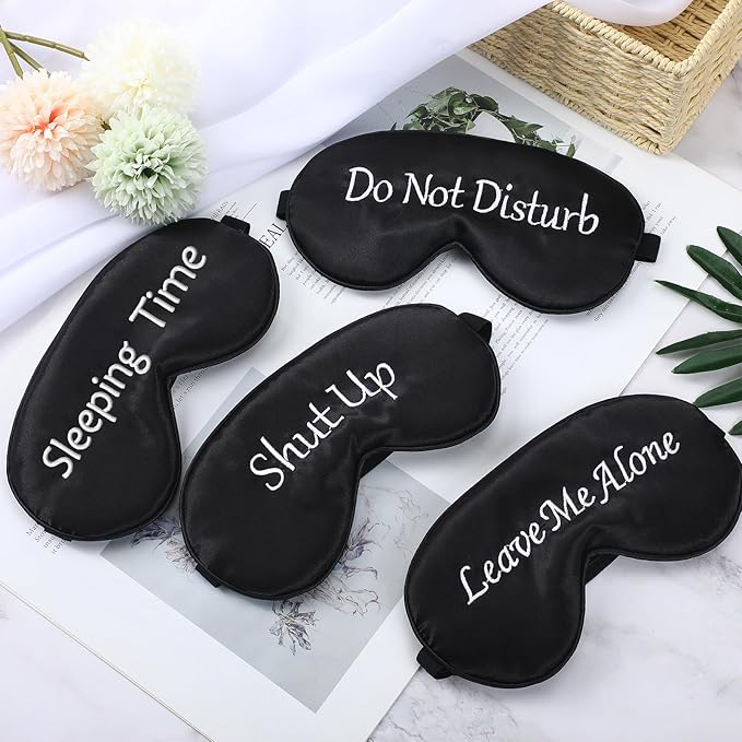 Geyoga 4 Pieces Funny Eye Mask for Sleep Soft Satin Eye Mask Blackout Blindfold with Adjustable Strap Silk Cover Out Lights for Women Men Travel, Nap, Meditation (Black with Black Words)