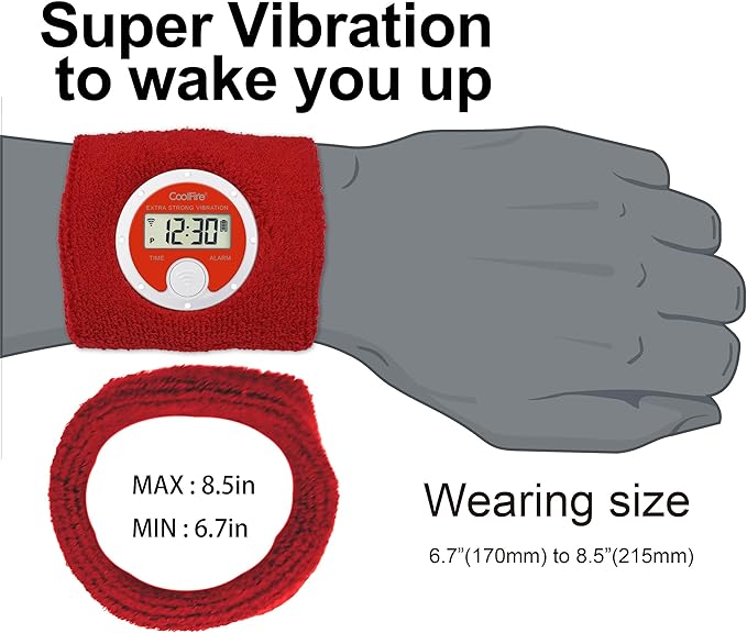 Coolfire Vibrating Alarm Clock Wristband, Silent Wake-Up Watch for Heavy Sleepers, Won’t Disturb Partner, Couples/Roommates, Deaf/Hearing Impaired, 4 Alarms, Bluetooth App, Rechargeable (RED)