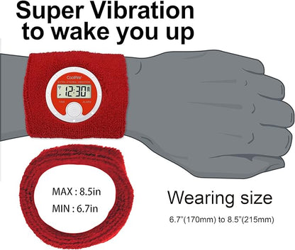 Coolfire Vibrating Alarm Clock Wristband, Silent Wake-Up Watch for Heavy Sleepers, Won’t Disturb Partner, Couples/Roommates, Deaf/Hearing Impaired, 4 Alarms, Bluetooth App, Rechargeable (RED)