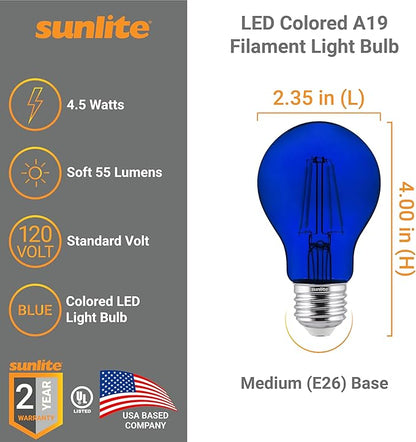 Sunlite 81080 LED Colored Filament A19 Light Bulb, 4.5 Watts, Medium E26 Base, 120 Volts, Transparent Blue, Dimmable, 320 Degree Beam Angle, UL Listed, 2 Count