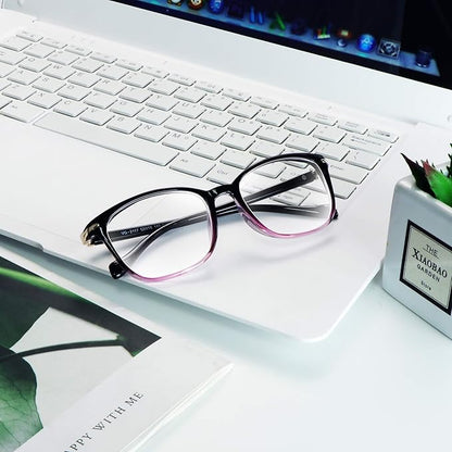 VisionGlobal Blue Light Blocking Glasses for Women/Men, Anti Eyestrain, Computer Reading, TV Glasses, Stylish Square Frame, Anti Glare(Black Purple,+0.75 Magnification)