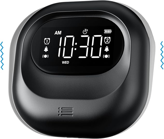 Mesqool Vibrating Alarm Clock for Heavy Sleepers, Battery Operated Rechargeable Bed Shaker Under Pillow, Weekday/Weekend Dual Alarms, Wireless, Cordless, Travel Digital Clock
