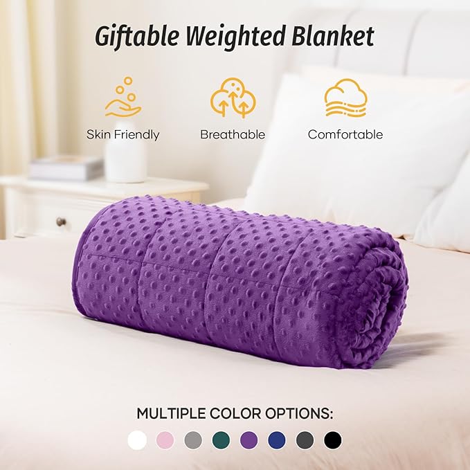 Wemore Minky Dot Weighted Blanket for Adults Queen Size 20 lbs, Soft Heavy Blanket for Stress Relief and Sleep Promotion, Breathable Blanket for All-Season with Glass Beads, Purple 60 x 80 inches
