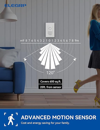 ELEGRP Smart Motion Sensor Switch, 2.4GHz Wi-Fi Single Pole Light Switch Works with Alexa & Google Assistant, APP Remote Control, Neutral Wire Required, UL Certified, No Hub Required (White, 2 Pack)