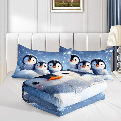 Penguin Comforter Set Twin Size,Antarctic Animal Kawaii Penguin Bedding Sets for Kids Boys Girls Room Decor,Cute Winter Snowflake Pattern Bedding Sets with 2 Pillowcases.