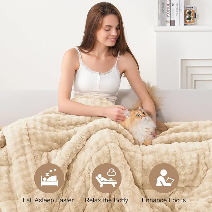 Cottonblue Weighted Blanket 15lbs Bubble Fleece Plush Sherpa Heavy Weighted Blankets for Adults, Fits Twin/Full Size Bed, Cute Fuzzy Warm Heavy Blanket for Calm and Better Sleep, 48"x72", Beige