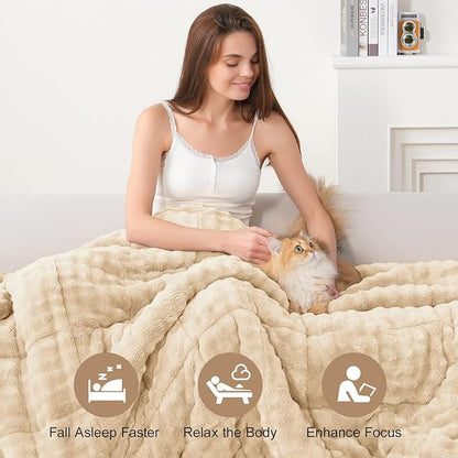 Cottonblue Weighted Blanket 15lbs Bubble Fleece Plush Sherpa Heavy Weighted Blankets for Adults, Fits Twin/Full Size Bed, Cute Fuzzy Warm Heavy Blanket for Calm and Better Sleep, 48"x72", Beige