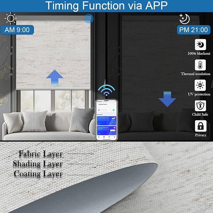 Motorized Blinds with Remote Cordless Automatic Motorized Shades Custom Blinds for Windows Smart Curtains Compatible with Alexa Google Home(Blackout Linen Sandy Beach,W21 x H72in)