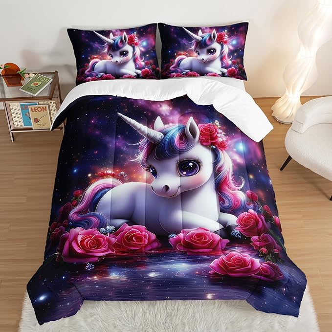 Girls Unicorn Twin Size Bedding Set,Red Rose Flowers Comforter Set for Kids Teens Room Decor,Romantic Starry Sky Galaxy Cute Bedding Sets with 2 Pillowcases.
