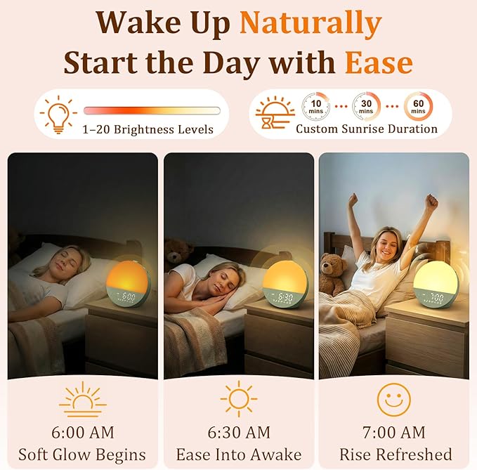 Wake Up Sunrise Alarm Clock: 10-60 Minutes Simulate Sunrise for Gentle Wake Up - 20 Adjustable Brightness Bright Enough for Heavy Sleepers - Dual Alarms with Sound Machine