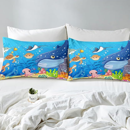 Marine Animals Sheet Queen,Shark Octopus Turtle Coral Bedding Set for Kids Teens Adults,Underwater World Cartoon Sea Blue Bed Sheet 4pcs(Deep Pocket Fitted Sheet + Flat Sheet + 2 Pillowcases)