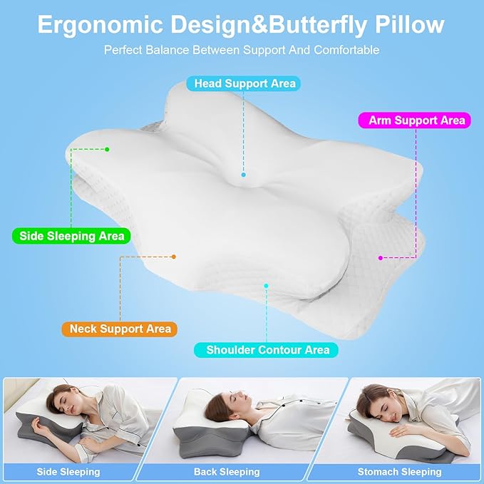 Cervical Neck Pillow for Pain Relief, Neck Support Pillows for Sleeping with Cooling Pillowcase, Contour Memory Foam Pillows, Ergonomic Orthopedic Pillow for Side Sleeper(Round White, White)