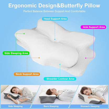 Cervical Neck Pillow for Pain Relief, Neck Support Pillows for Sleeping with Cooling Pillowcase, Contour Memory Foam Pillows, Ergonomic Orthopedic Pillow for Side Sleeper(Round White, White)