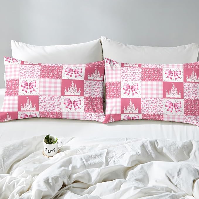 Princess Bowknot Full Size Fitted Sheet,Fairy Tale Castle Cherry Bow Rainbow Graffiti 3 Pieces Kids Teenager Room Decor Dreamy Pink Plaids Patchwork Girly Pocket 2 Pillowcases
