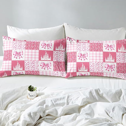 Princess Bowknot Fitted Sheet,Fairy Tale Castle Cherry Bow Rainbow Graffiti Soft Decorative Fabric Bedding Dreamy Pink Plaids Patchwork Girly Pocket Twin Size with 1 Pillowcase